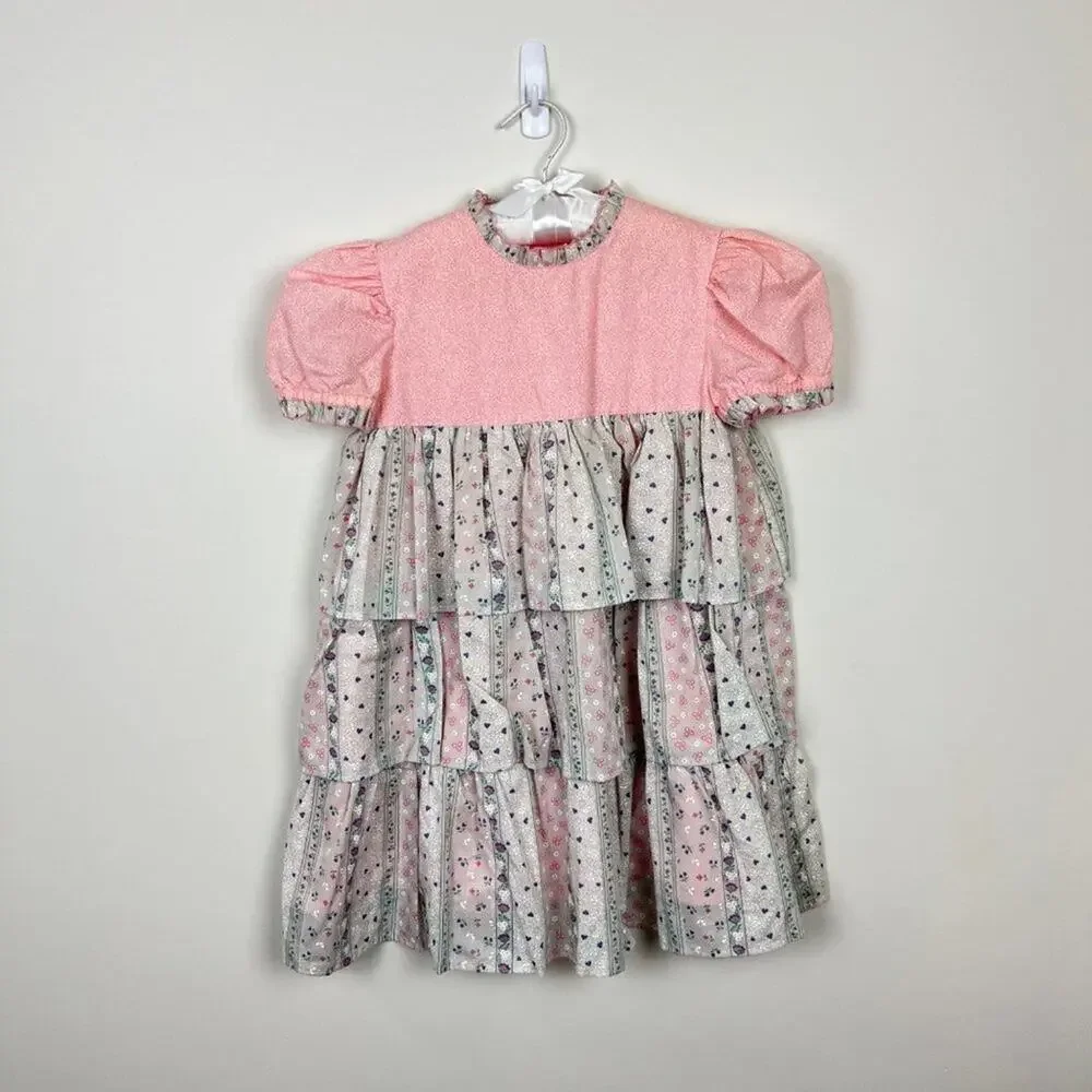 Vintage Girls Pink Gray Floral Tiered Dress
